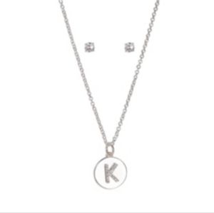 Unwritten Fine Silver Plated Clear Cubic Zirconia Initial Coin Pendant&Earrings